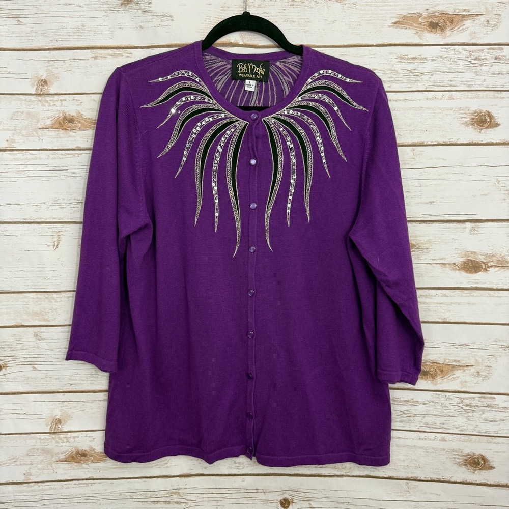 Bob Mackie Purple Embroidered Button Lightweight Cardigan Sweater NWT